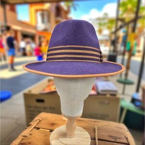 MONTIQUE HALCYON COLLECTION GRAPE WOOL FEDORA WITH STRIPED TAN RIBBON BAND H102